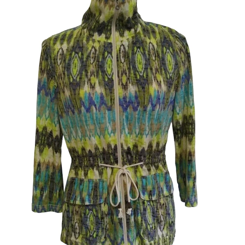 Thomas & Olivia Zip Front Blazer Jacket Top 3/4 Sleeve Drawstring Waist Abstract